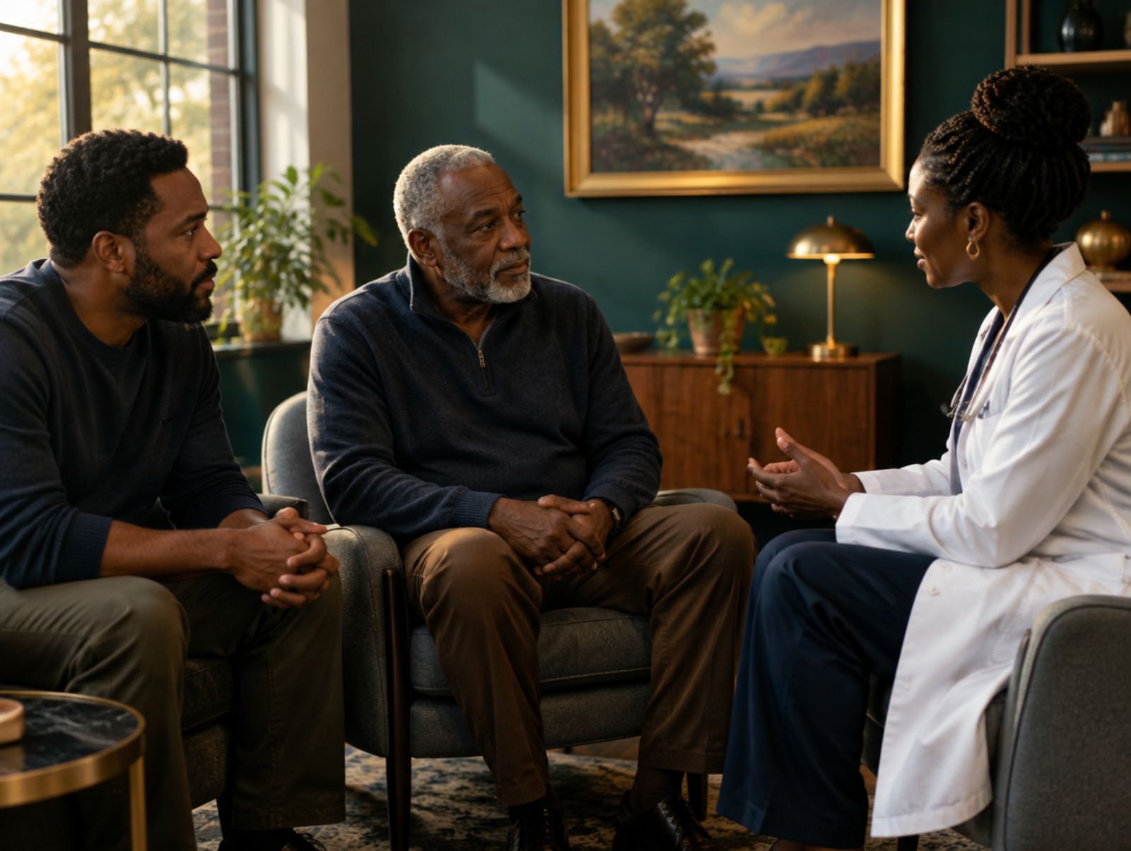An older Black man and his son speaking with a physician